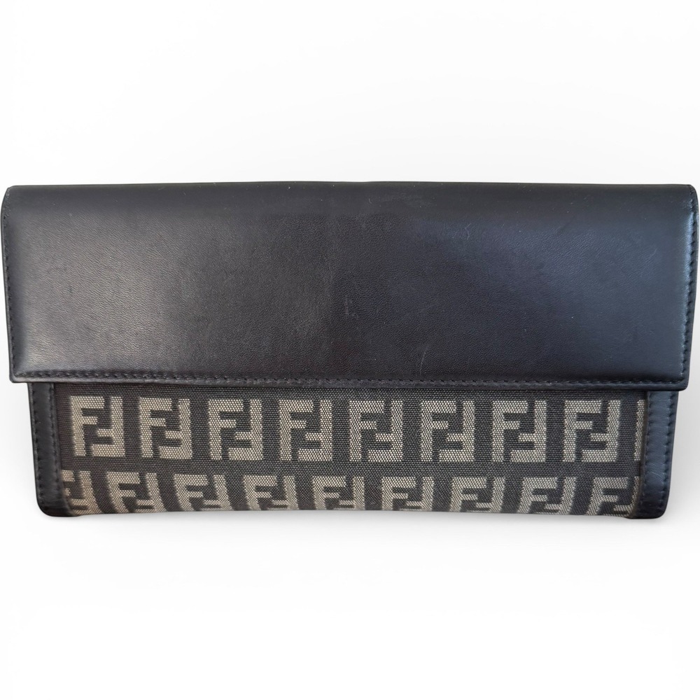 Fendi Zucca Canvas Leather Snap Wallet Brown Black FF Logo Long Wallet - Picture 3 of 11